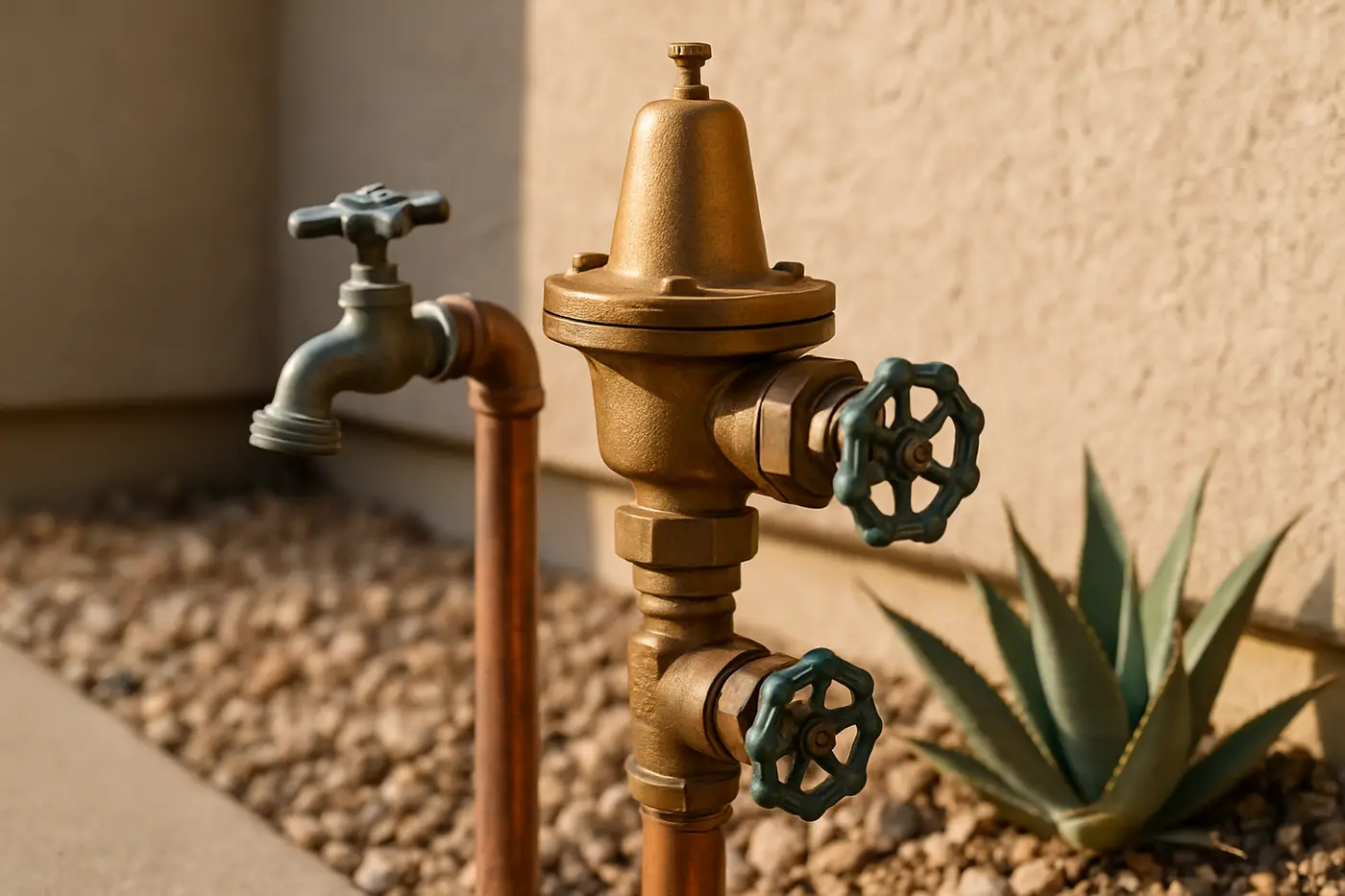 Plumber replacing a pressure reducing valve at the front of a Phoenix house