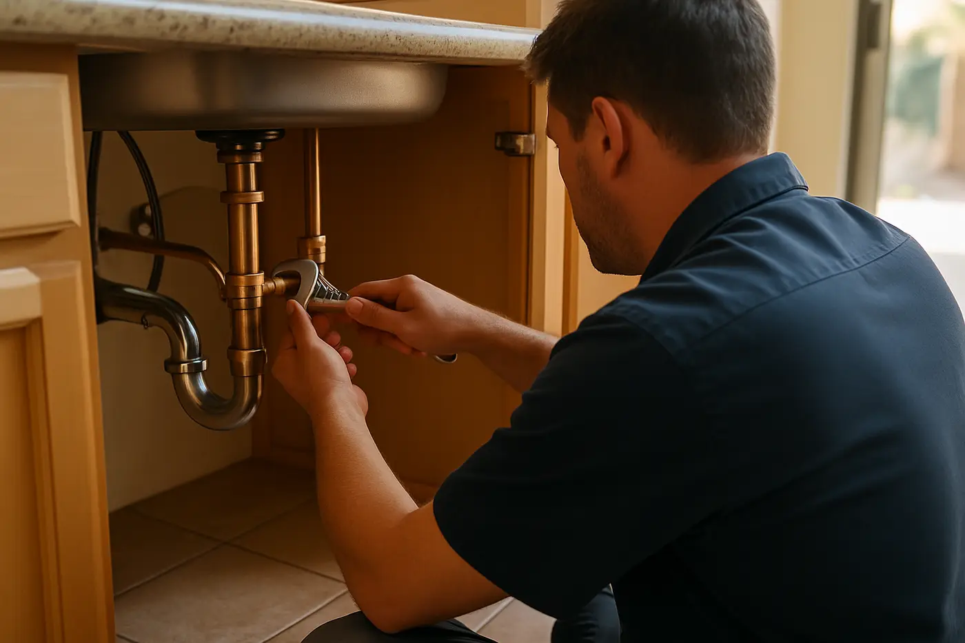 Plumber tightening a copper fitting under a kitchen sink in a Phoenix home