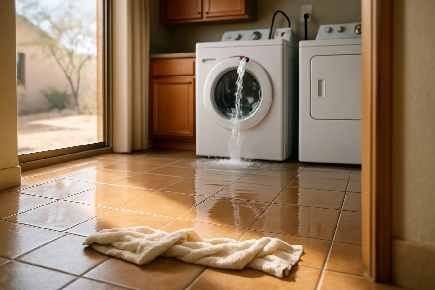 Water pooling on a tile floor below a burst supply line in a Phoenix laundry room