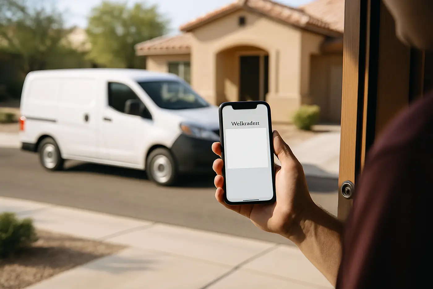 Homeowner checking a contractor license on a phone at the front door