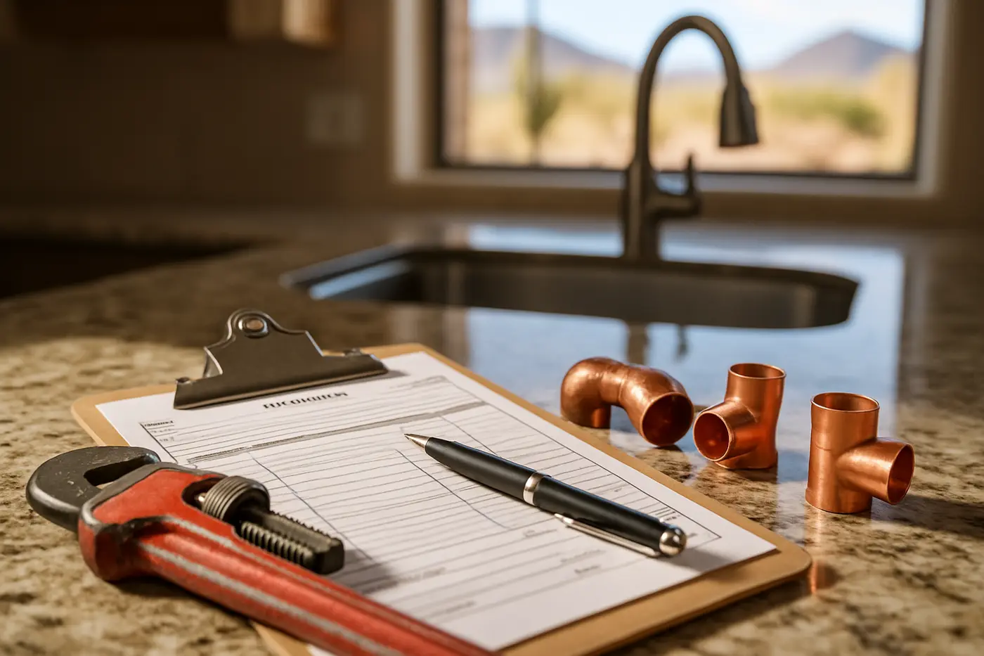 Written plumbing estimate on a clipboard next to a pipe wrench