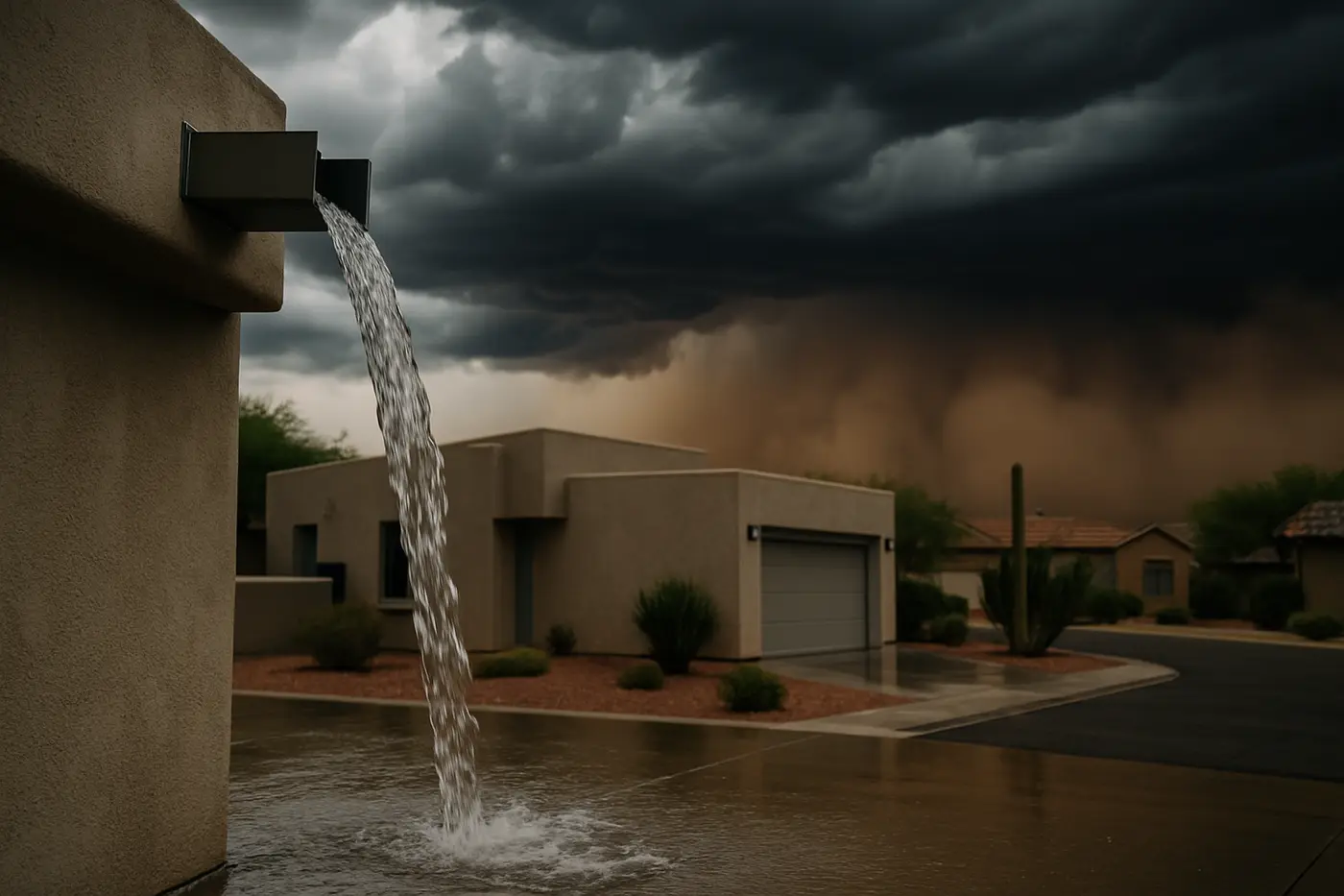 Monsoon storm clouds over a Phoenix neighborhood with water pouring from a roof scupper