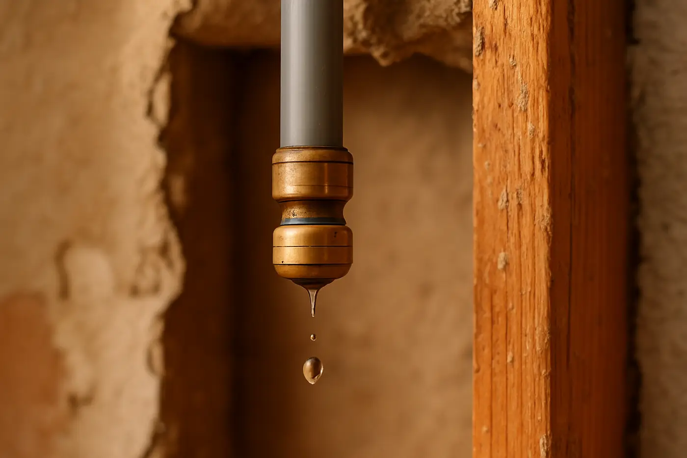 Grey polybutylene pipe with a leaking fitting inside a Phoenix wall cavity