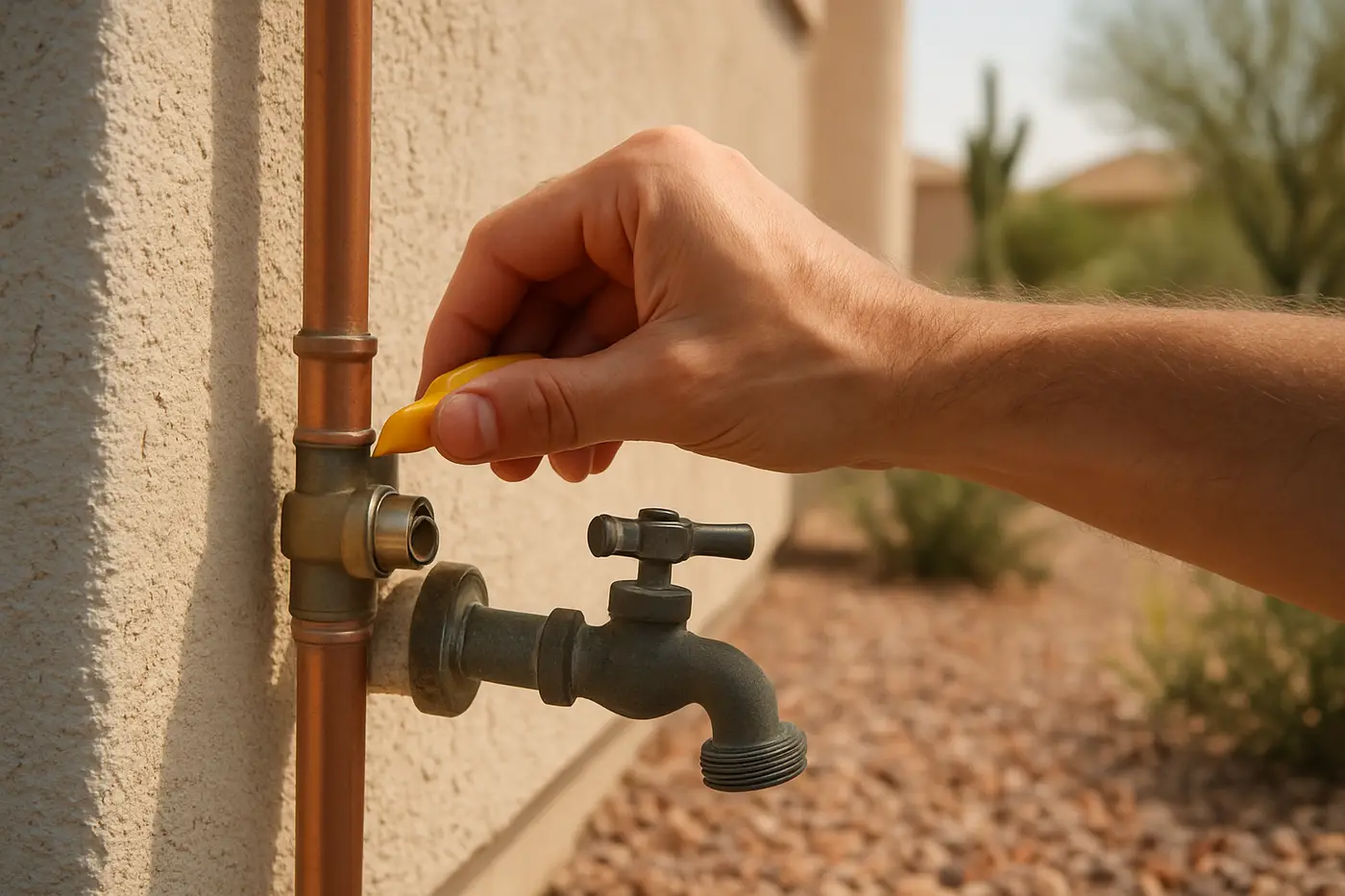 Hand closing the main water shut-off valve near the front hose bib of a Phoenix home