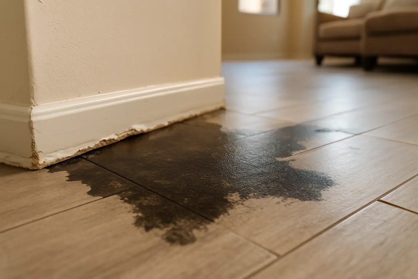 Warm damp patch on tile flooring in a Phoenix home, a sign of a slab leak
