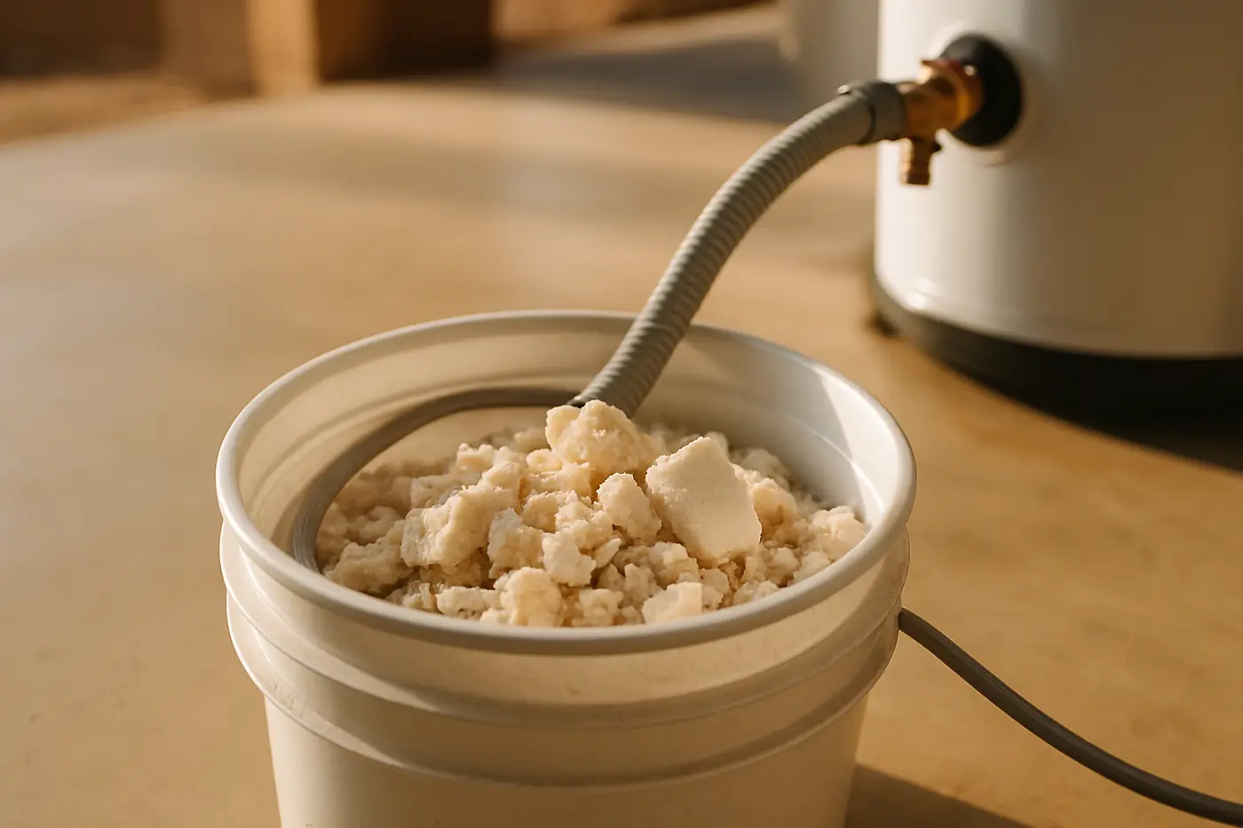 Hard water scale and sediment flushed from a Phoenix water heater into a bucket