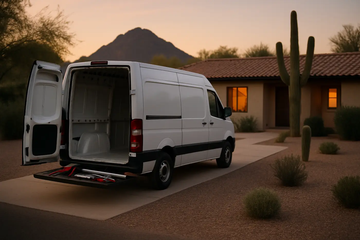 Plumber's service van parked outside a Phoenix home at dusk with tools laid out for an emergency repair