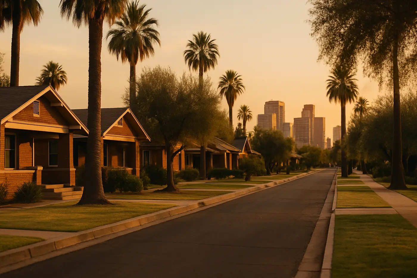 Downtown Phoenix skyline and historic bungalow street at golden hour
