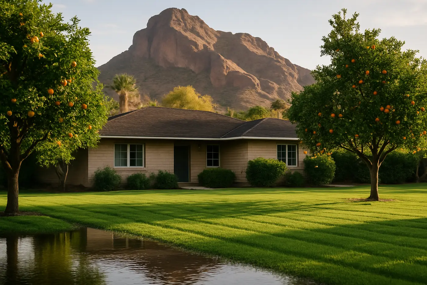 Emergency plumber East Phoenix Arcadia ranch home with citrus trees and Camelback Mountain behind
