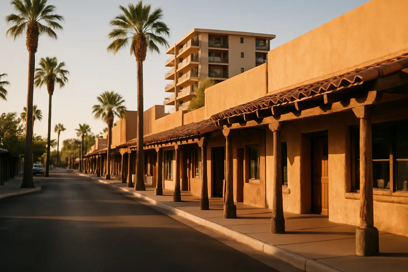 Emergency plumber Scottsdale, Tempe and the East Valley Old Town Scottsdale street with palm trees and low-rise buildings