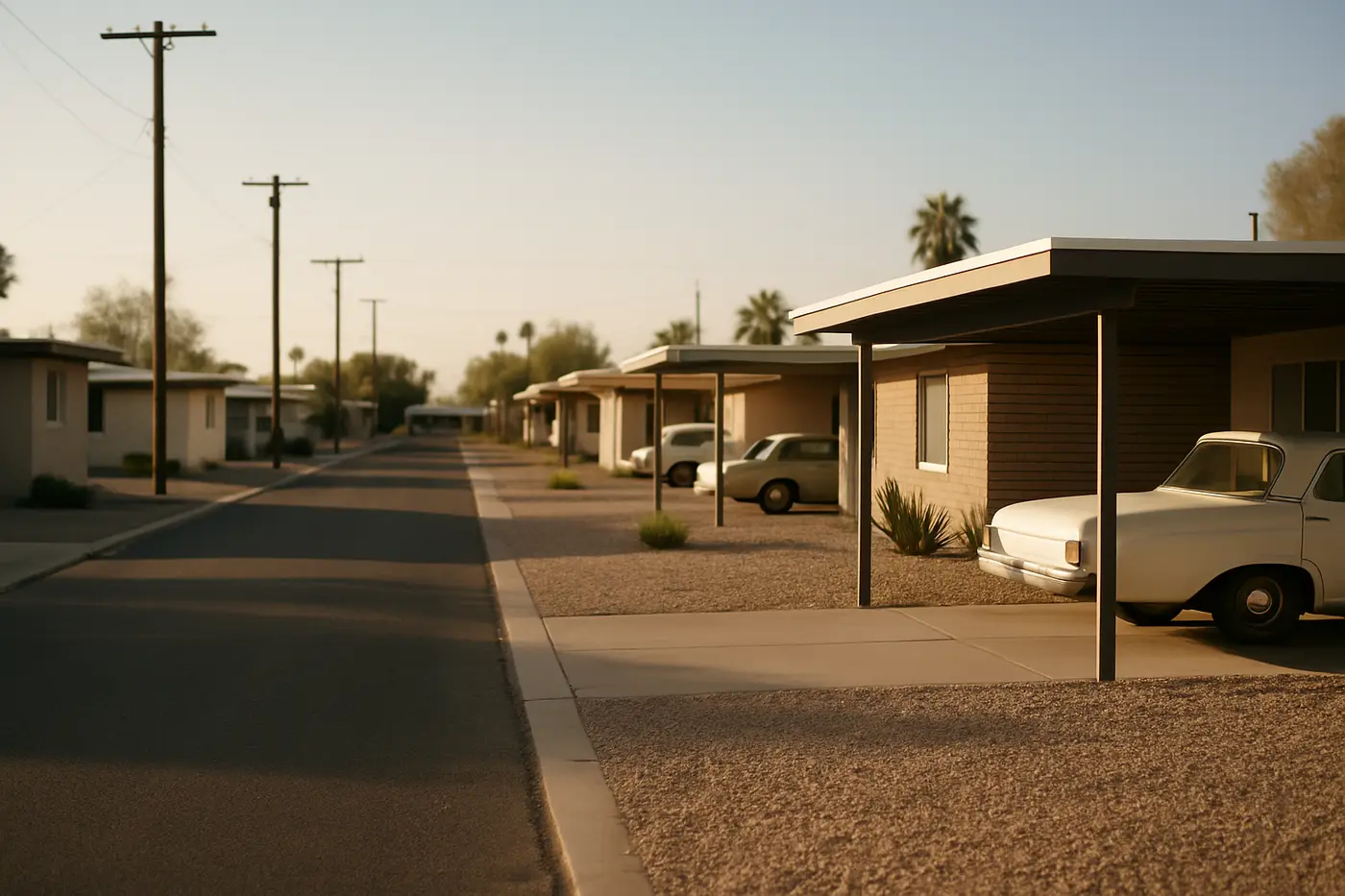 Emergency plumber West Phoenix Mid-century tract homes with flat roofs on a West Phoenix street