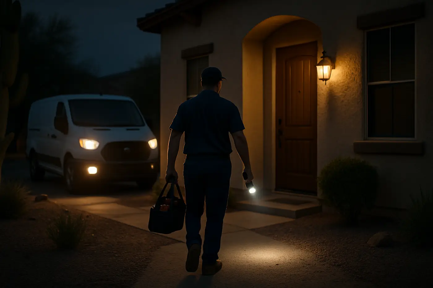 Plumber arriving at night at a Phoenix home with a flashlight and tool bag