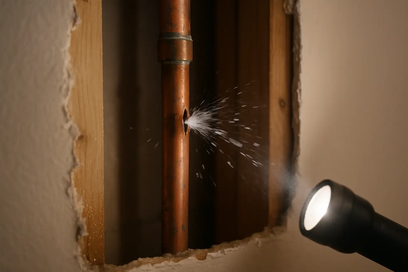 Split copper pipe spraying water inside an opened wall in a Phoenix home