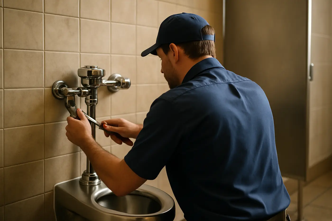 Plumber servicing a commercial restroom in a Phoenix office building