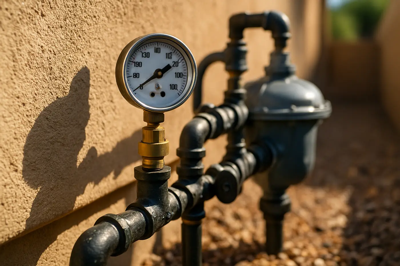 Plumber pressure-testing a gas line at the meter outside a Phoenix home