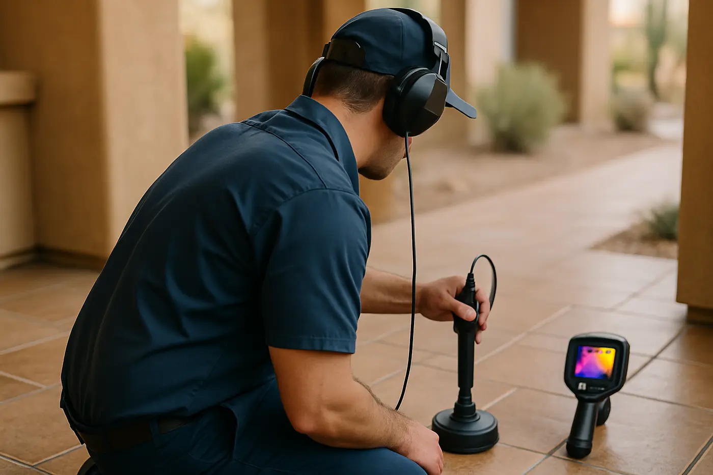 Plumber using an acoustic leak detector on the tile floor of a Phoenix home