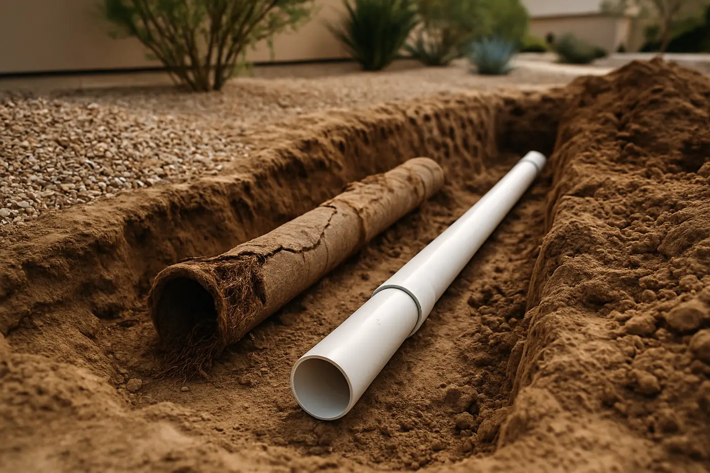 Excavated sewer lateral in a Phoenix front yard with a root-clogged clay pipe section removed