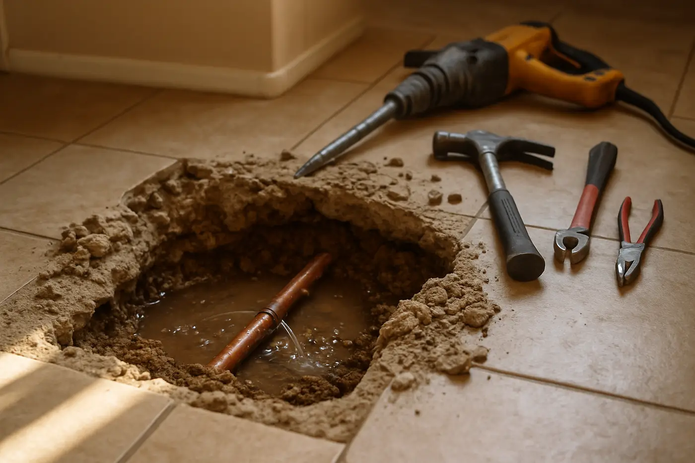 Concrete slab opened in a Phoenix home to expose a leaking copper water line