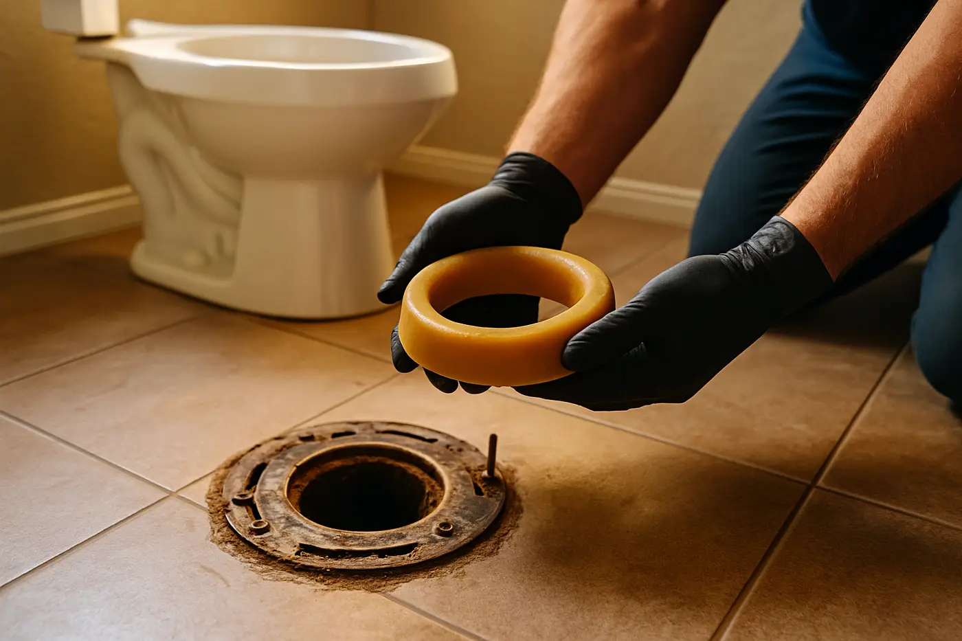 Plumber replacing the wax ring on a toilet in a Phoenix bathroom