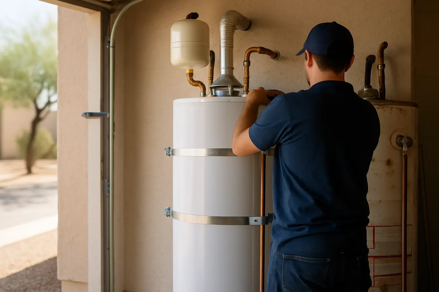 Plumber replacing a tank water heater in a Phoenix garage