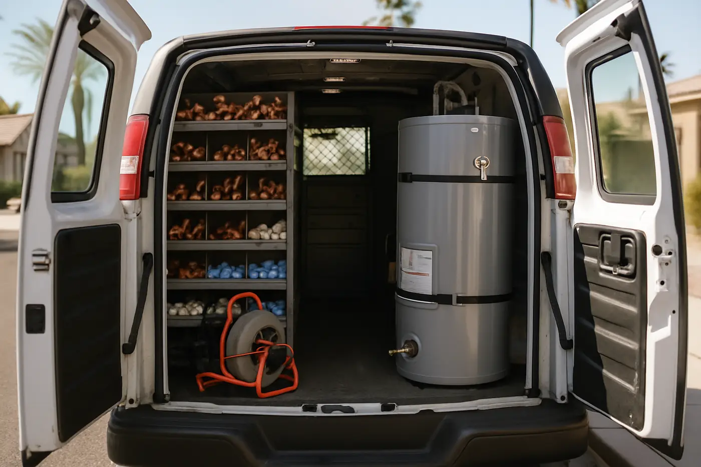 Plumbing van with rear doors open loaded with pipe, fittings and a drain machine on a Phoenix street