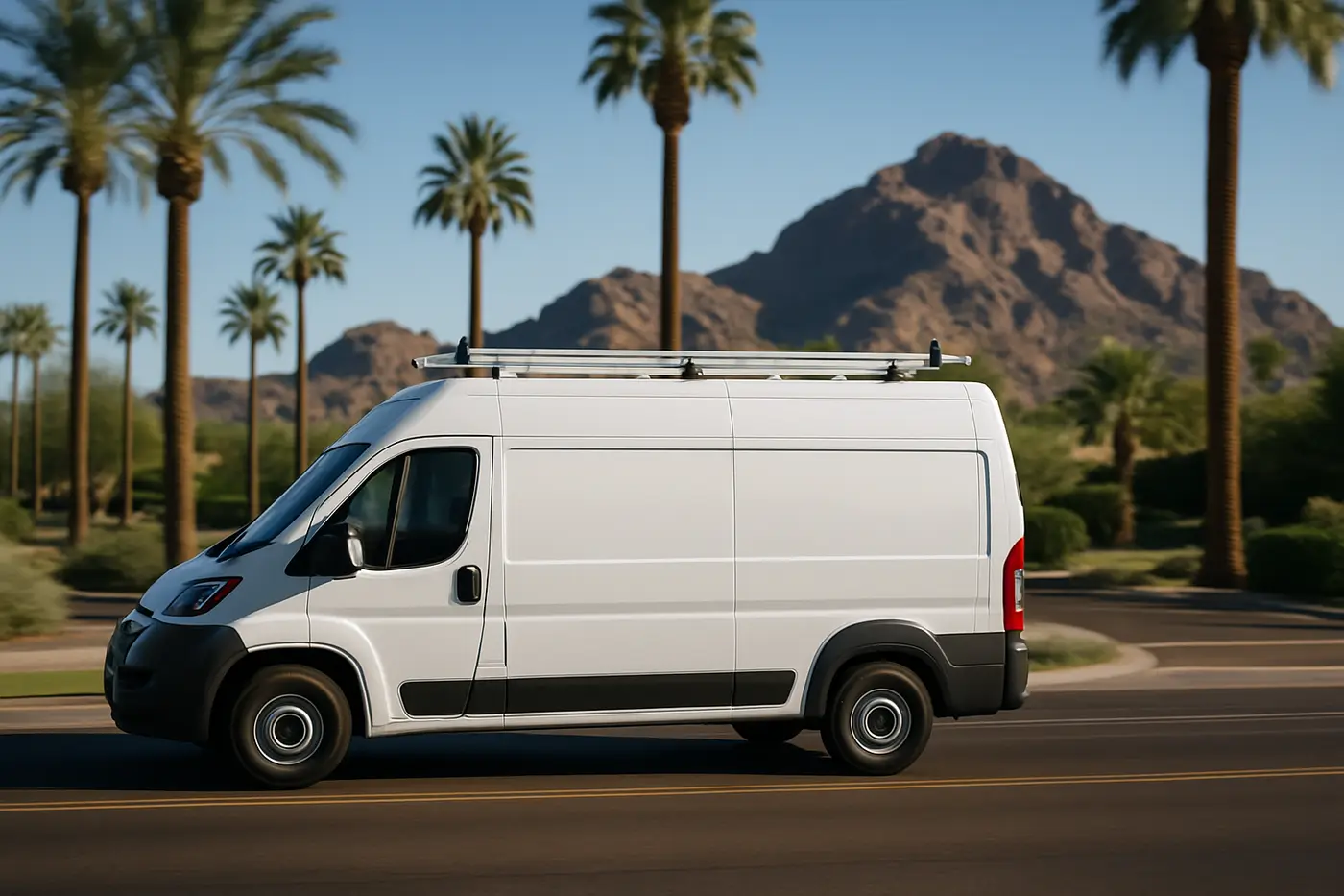 Plumber's van driving through a Phoenix neighborhood with Camelback Mountain in the background