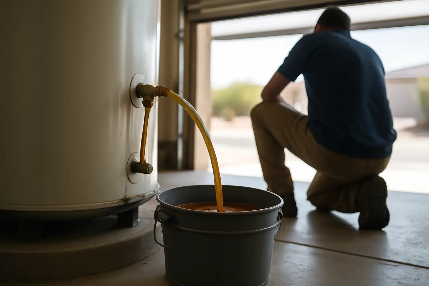 Water heater in a Phoenix garage being drained and inspected for sediment